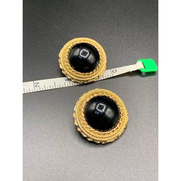 Classic Clip On Earrings Black and Matte Gold-Tone Round Domed 80s Earrings - Picture 5 of 5